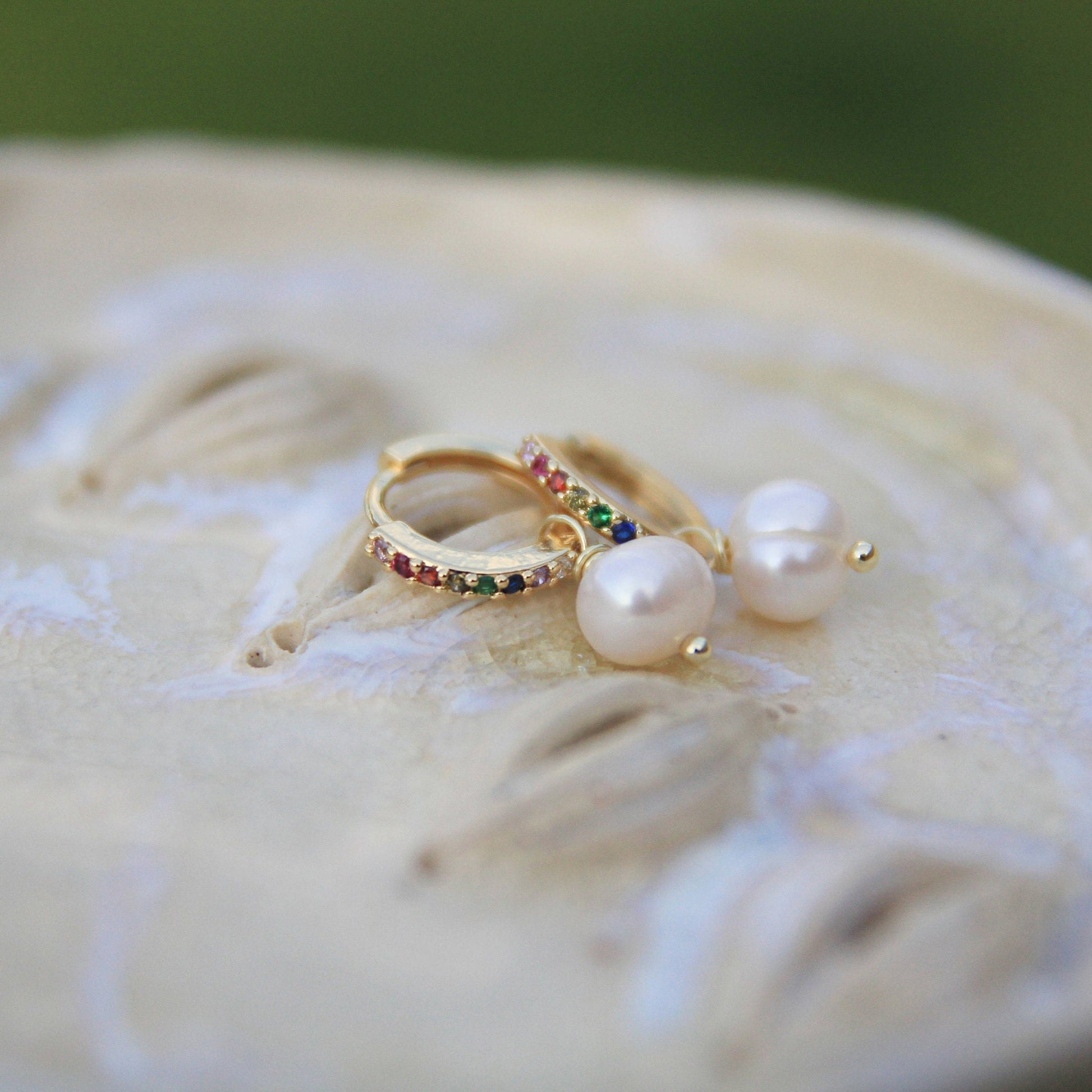 Rainbow Crystal Huggies with Genuine Pearls | Gold Pearl Huggie Earrings