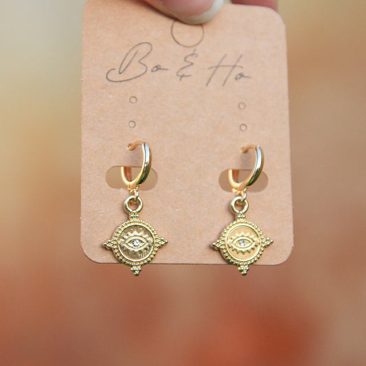 Gold Round Evil Eye Charm Earrings