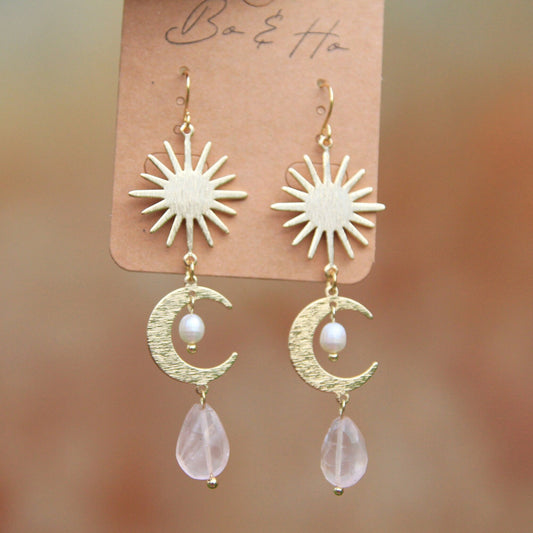 Gold Rose Quartz Sun & Moon Earrings with Freshwater Pearls