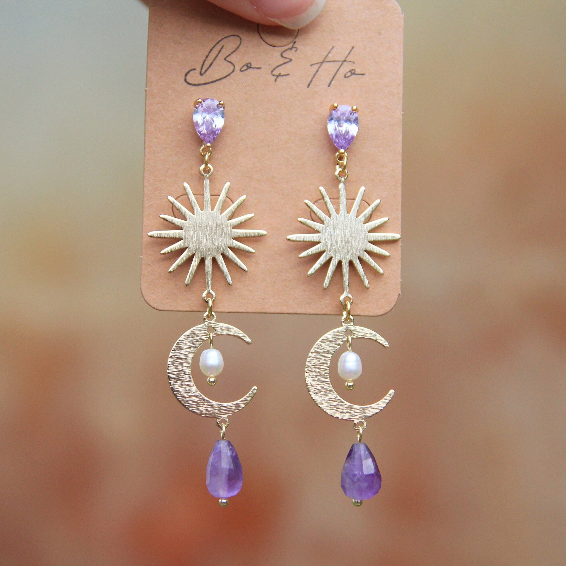 Gold Amethyst Sun & Moon Earrings with Freshwater Pearls