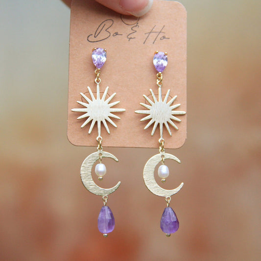 Gold Amethyst Sun & Moon Earrings with Freshwater Pearls