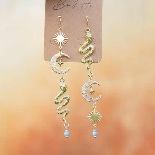 Blue Opal Celestial Snake Earrings with Sun, Moon, Stars