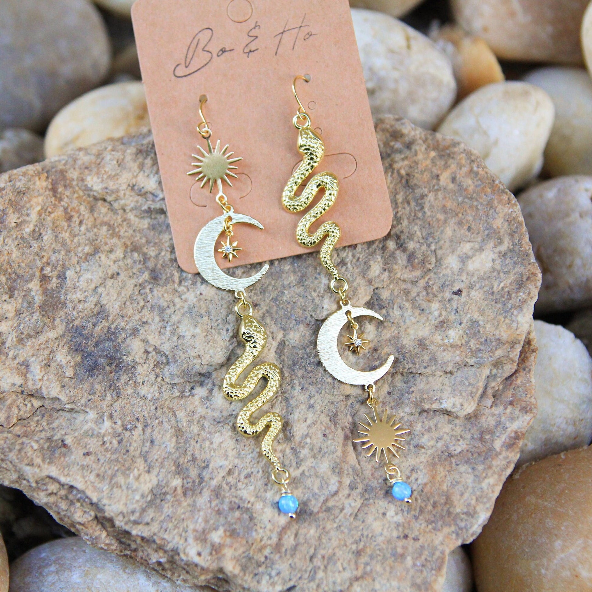 Blue Opal Celestial Snake Earrings with Sun, Moon, Stars