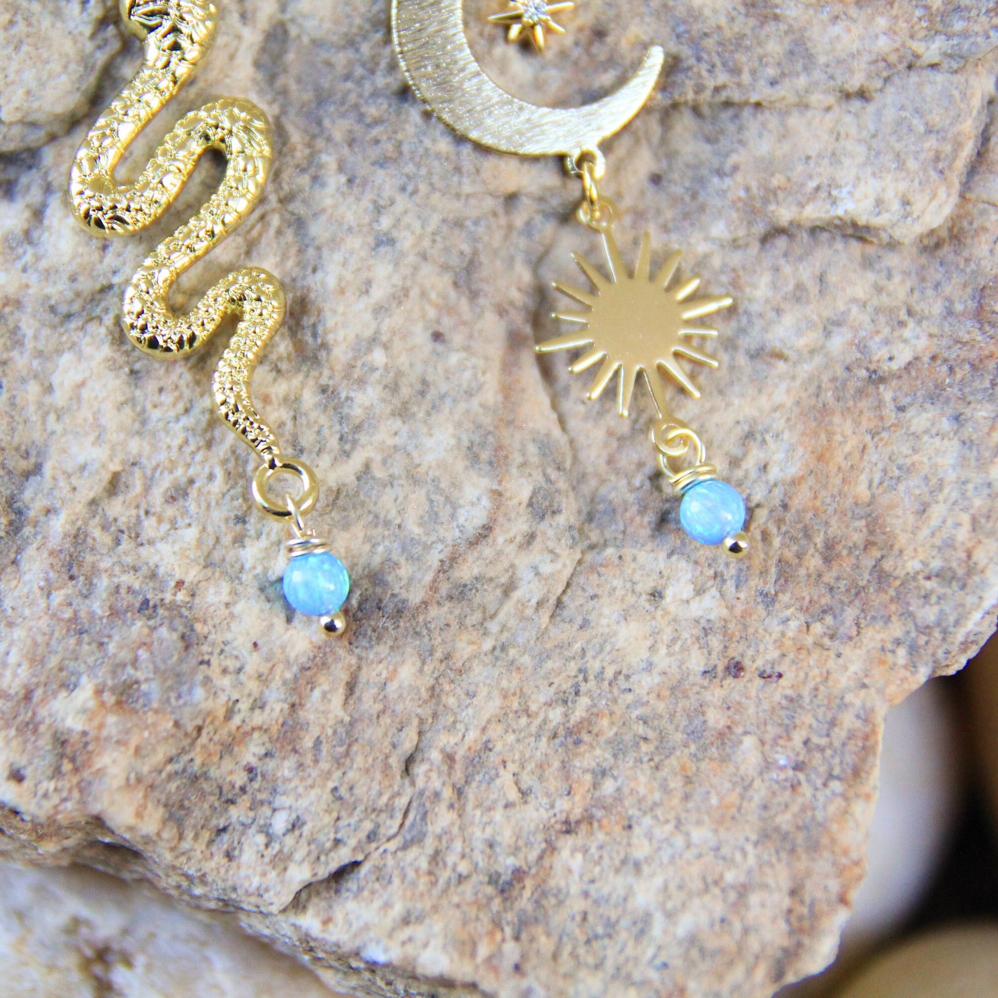 Blue Opal Celestial Snake Earrings with Sun, Moon, Stars