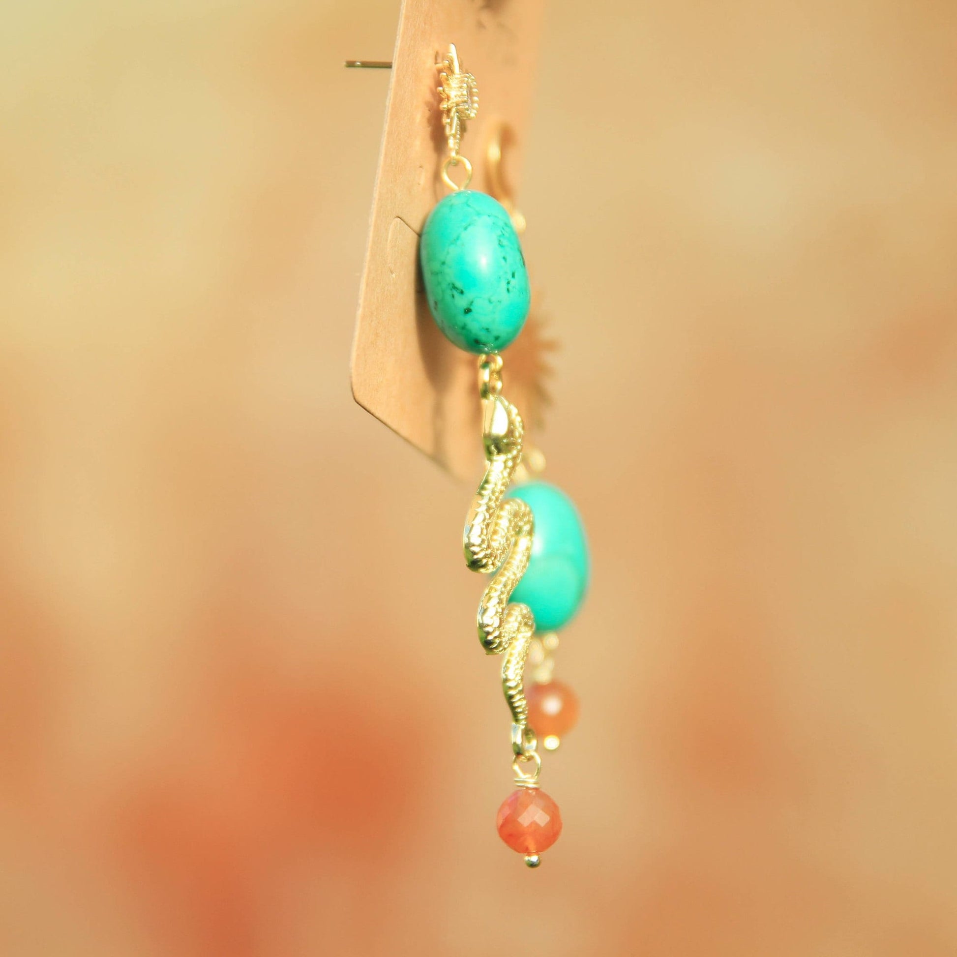 Gold Celestial Snake Sun Earrings with Turquoise and Carnelian