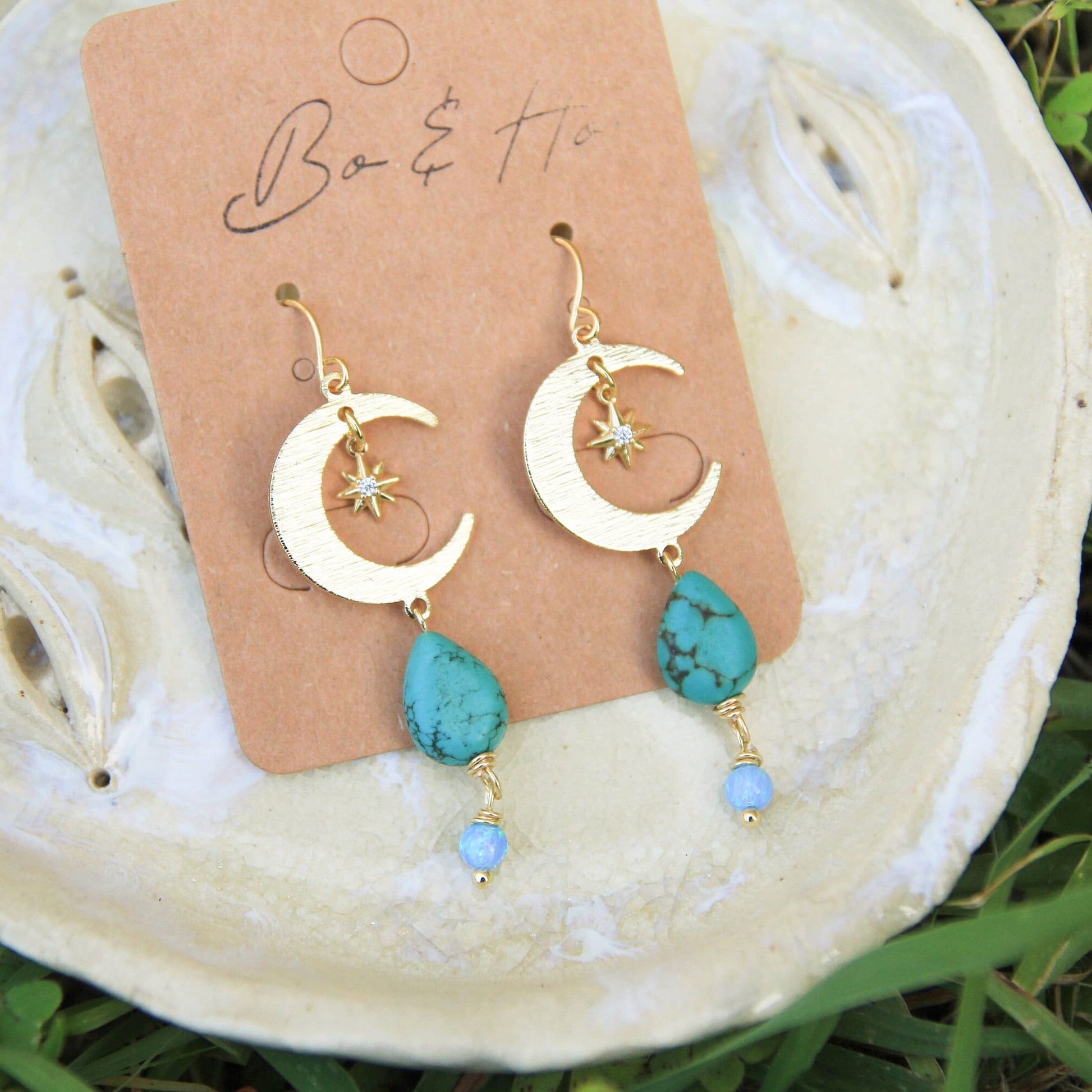 Gold Star and Moon Earrings with Turquoise and Opal