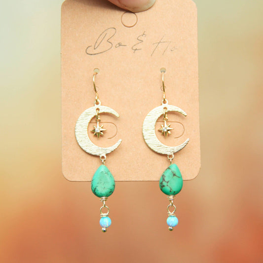 Gold Star and Moon Earrings with Turquoise and Opal