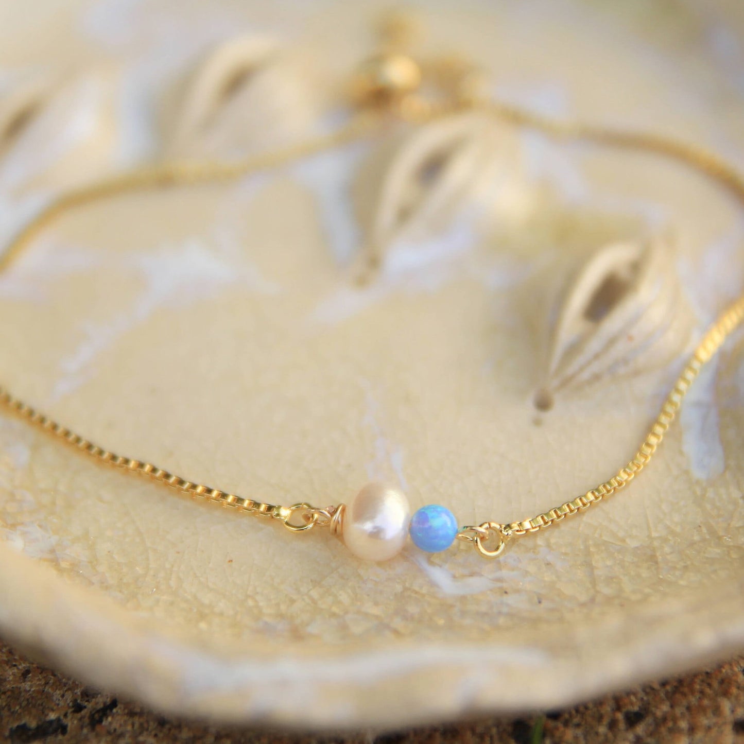 Gold Pearl and Blue Opal Bracelet