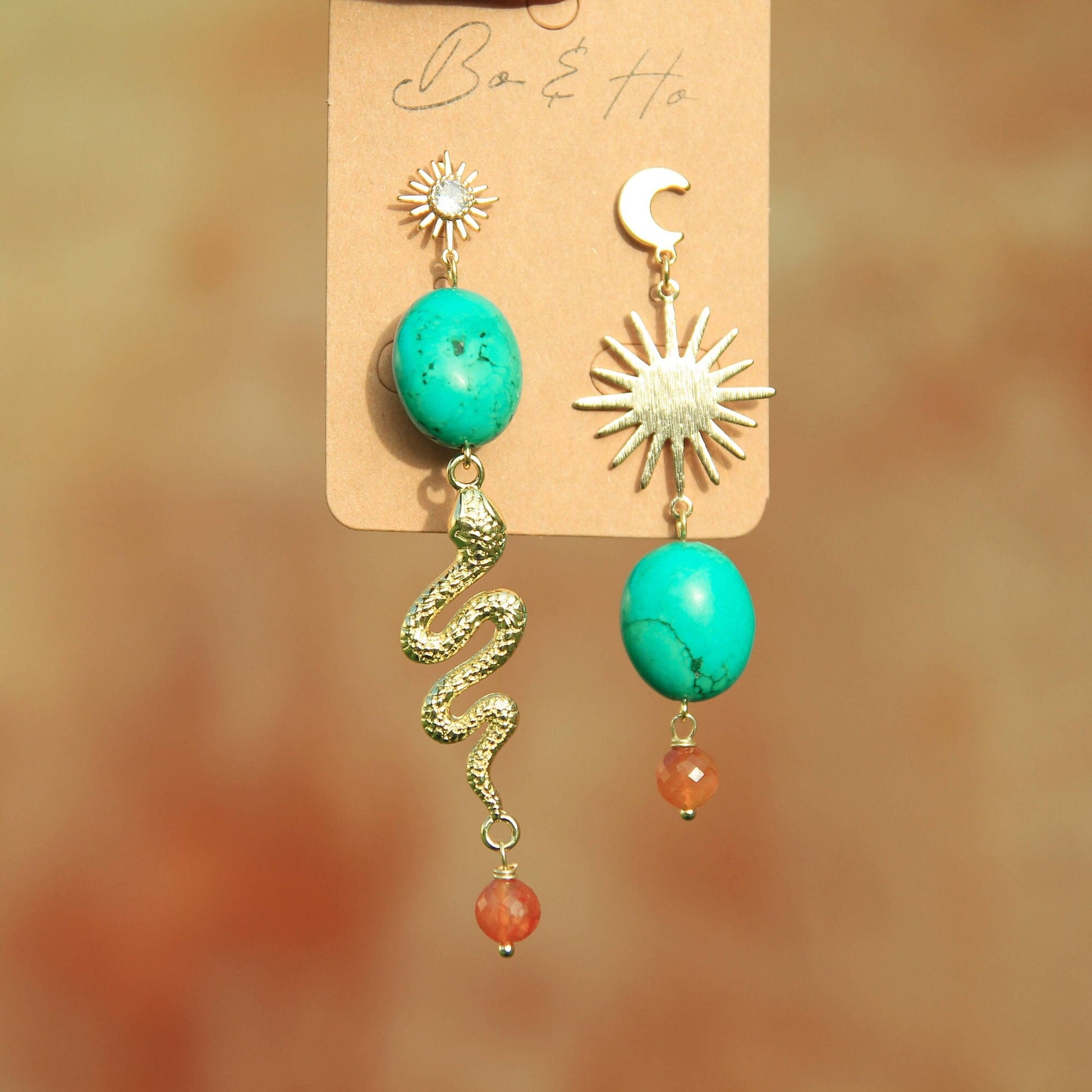 Gold Celestial Snake Sun Earrings with Turquoise and Carnelian