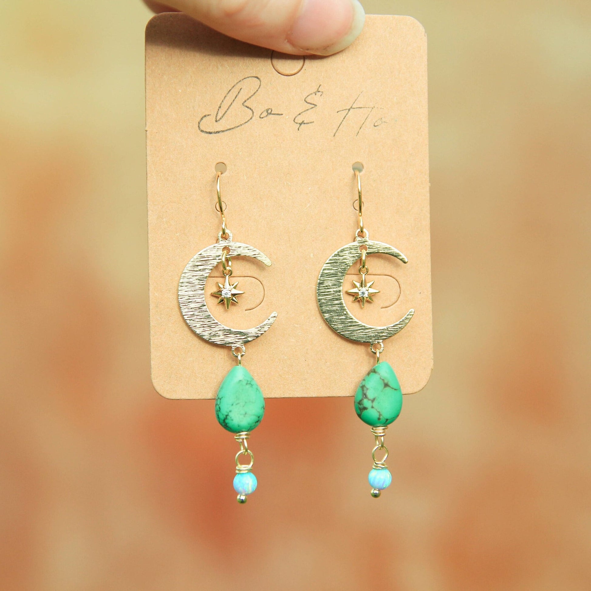 Gold Star and Moon Earrings with Turquoise and Opal