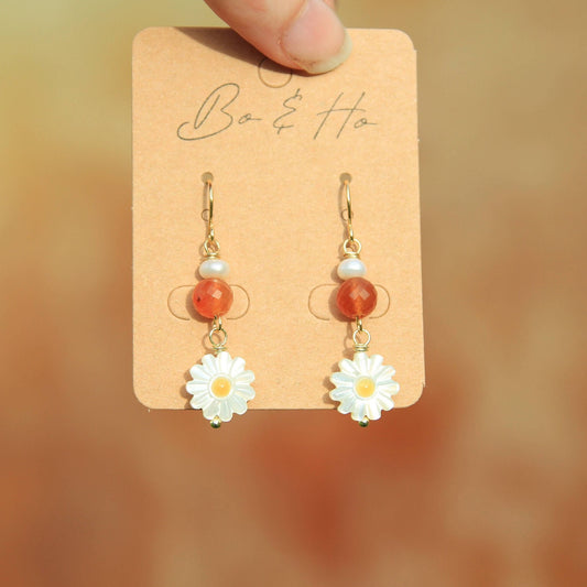 Carnelian, Pearl and Shell Daisy Earrings