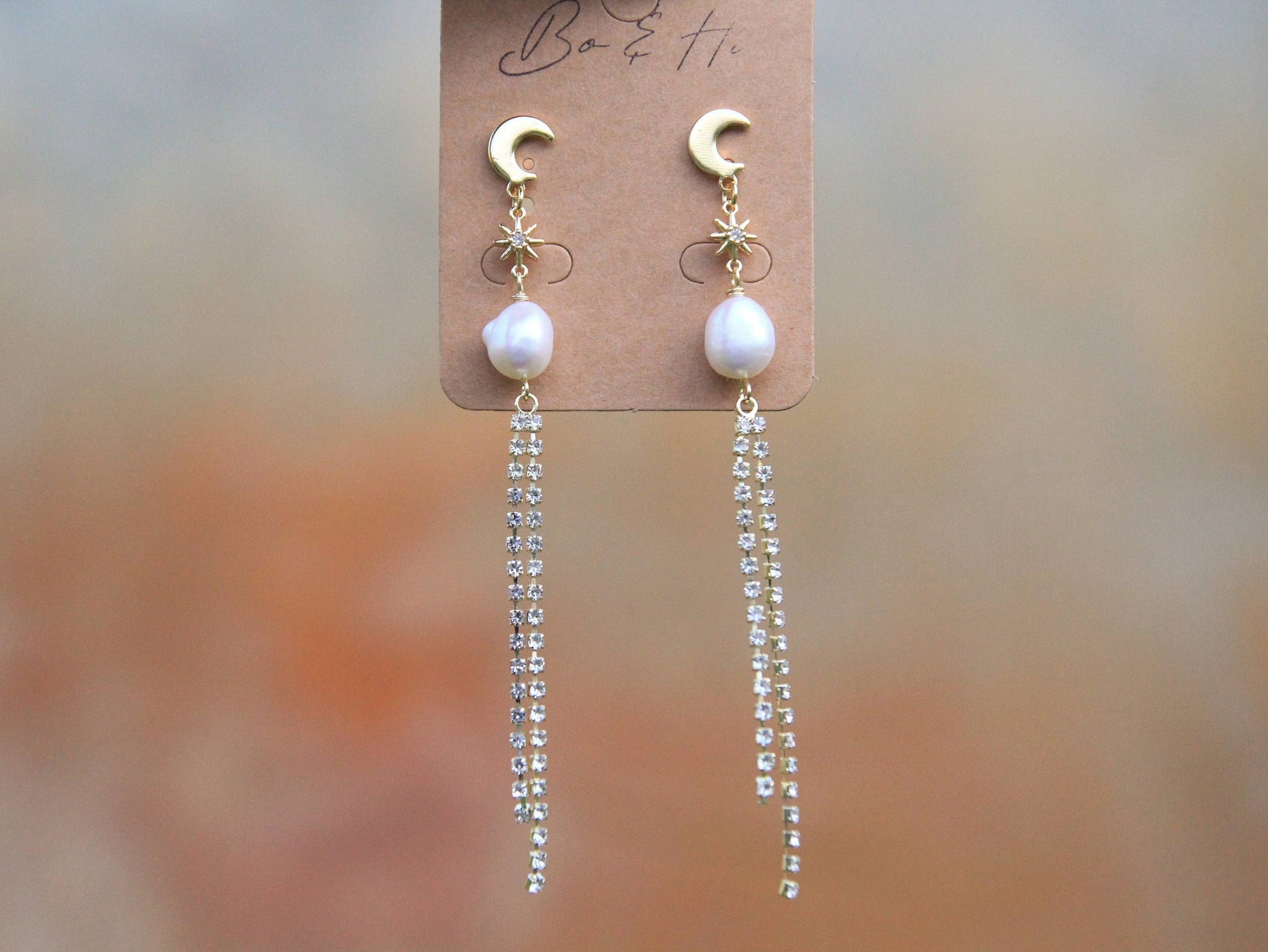 Pearl Star and Moon Cubic Zirconia Tassel Earrings