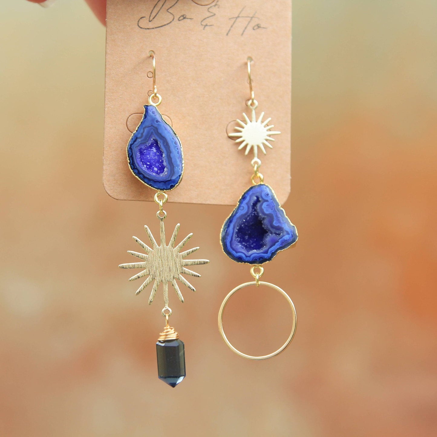 Blue Geode Gold Sun and Quartz Earrings