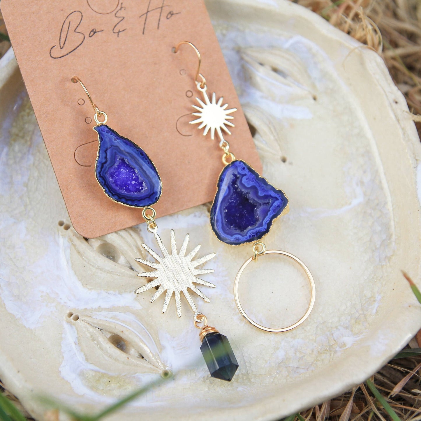 Blue Geode Gold Sun and Quartz Earrings