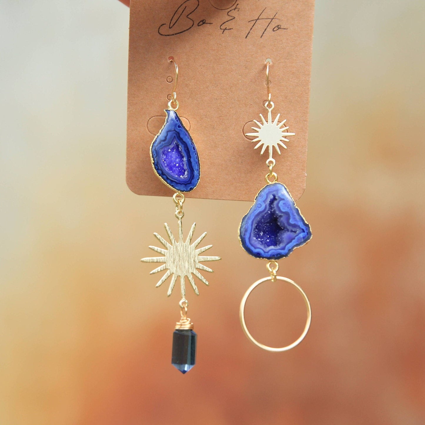 Blue Geode Gold Sun and Quartz Earrings