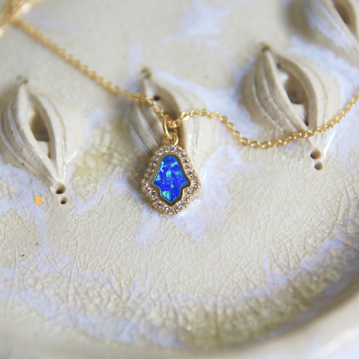 Hamsa Hand Opal Pendant Necklace with Cubic Zirconia Halo