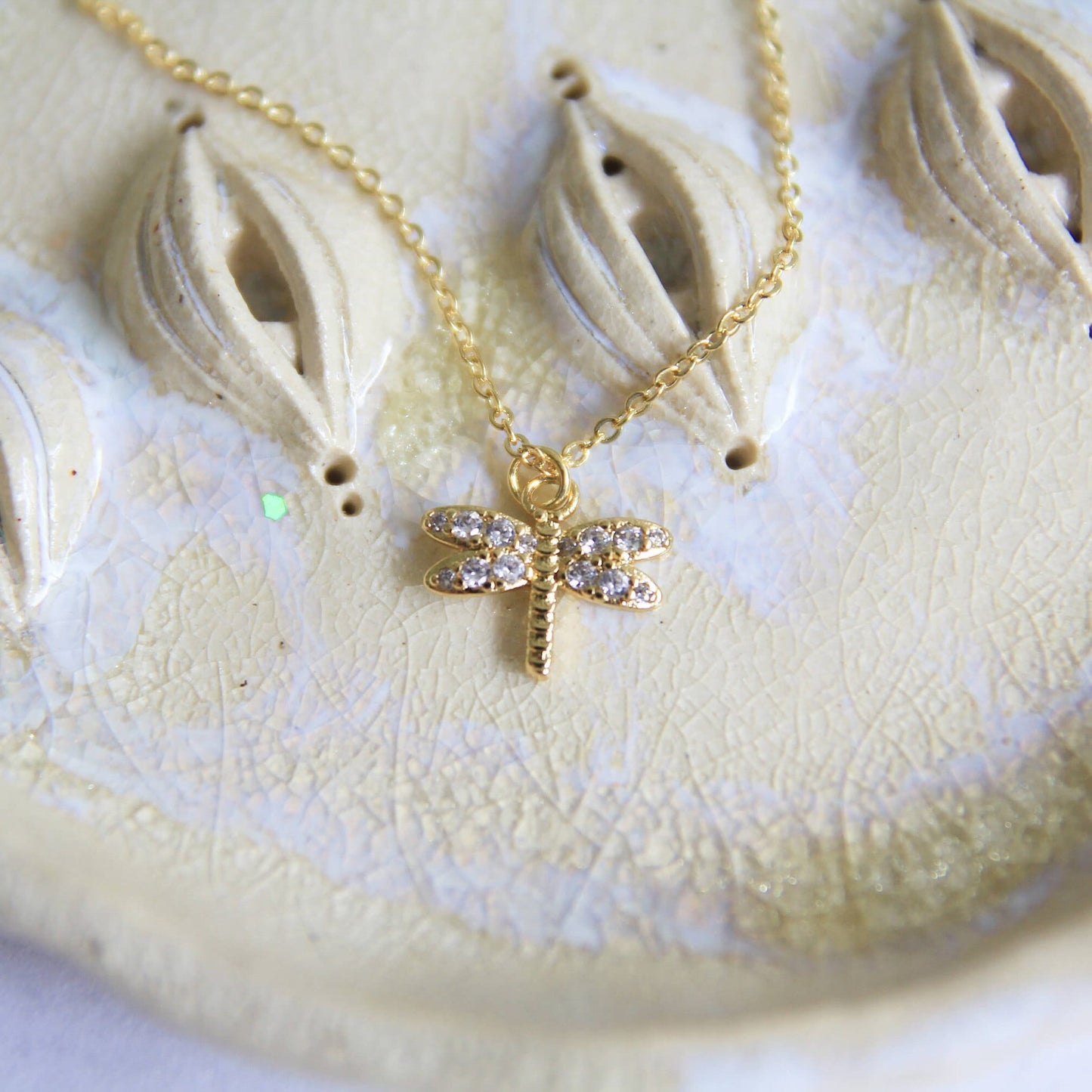 Gold Cubic Zirconia Dragonfly Necklace