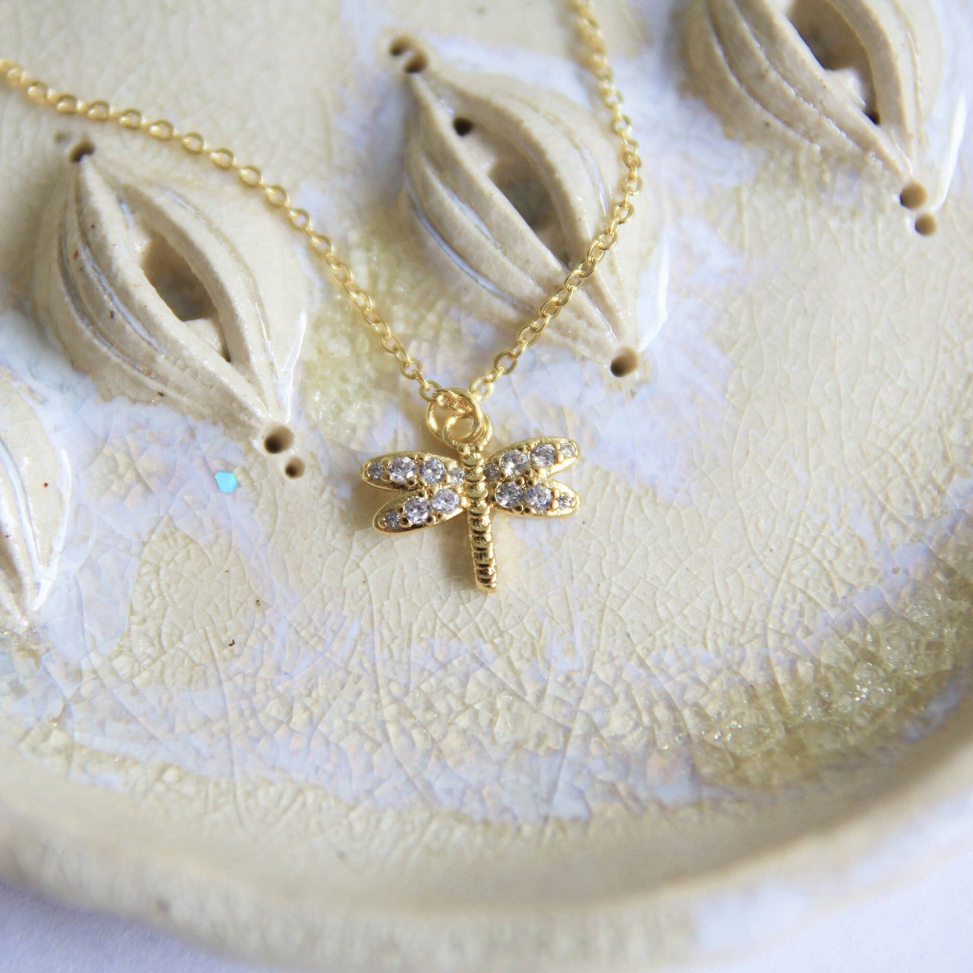 Gold Cubic Zirconia Dragonfly Necklace