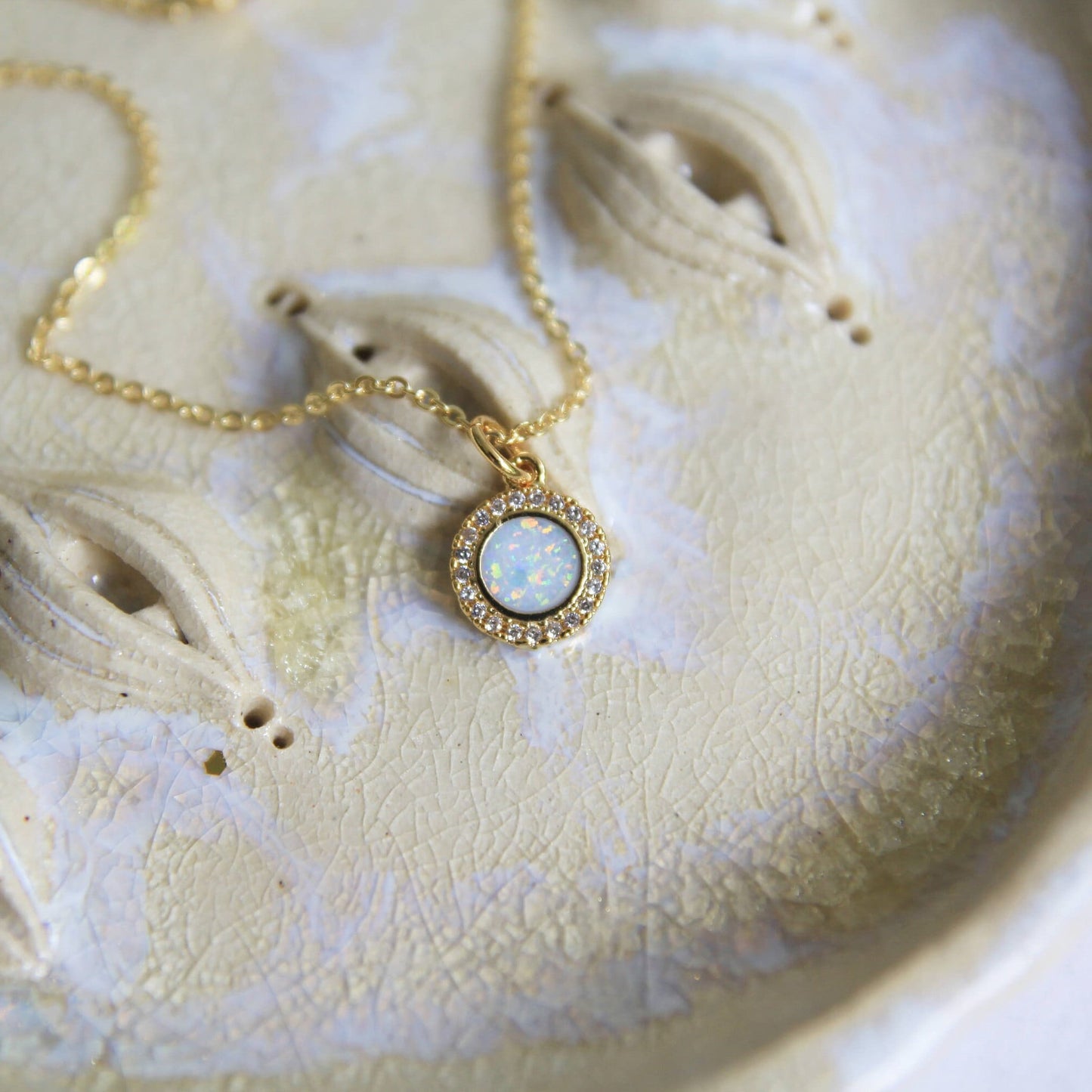 Round Opal Pendant Necklace with Cubic Zirconia Halo