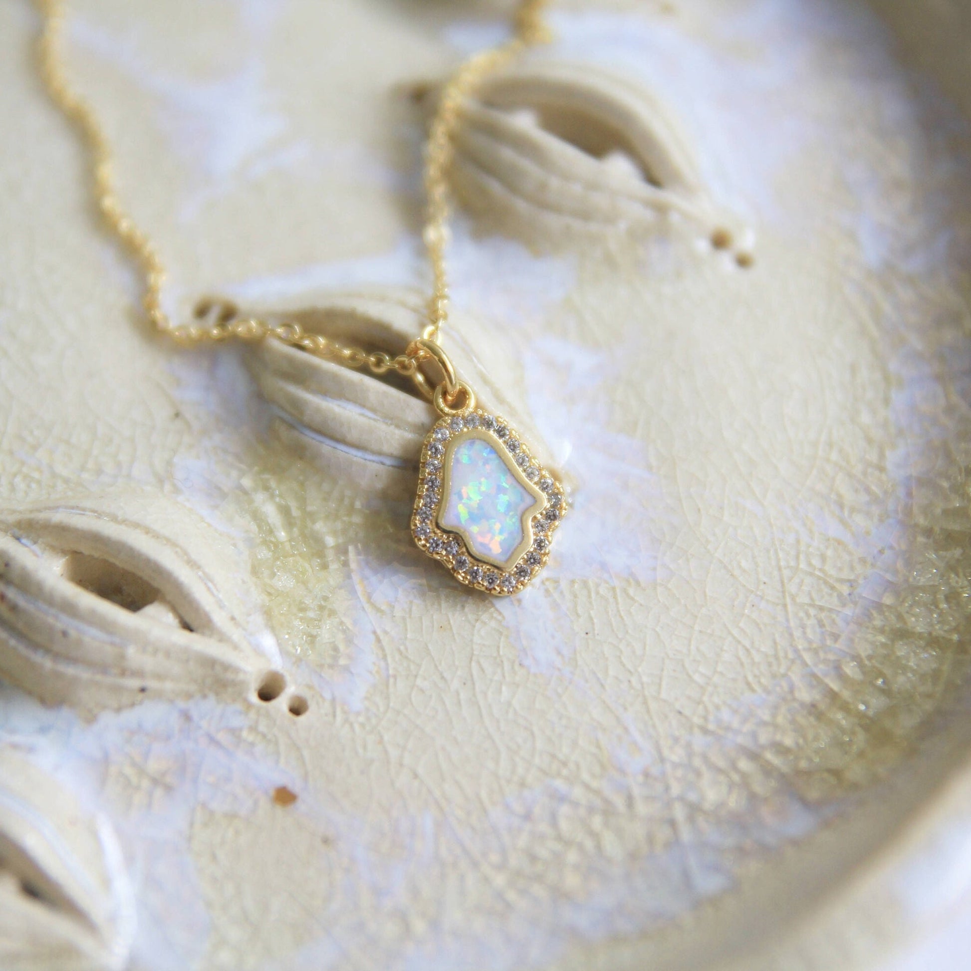 Hamsa Hand Opal Pendant Necklace with Cubic Zirconia Halo