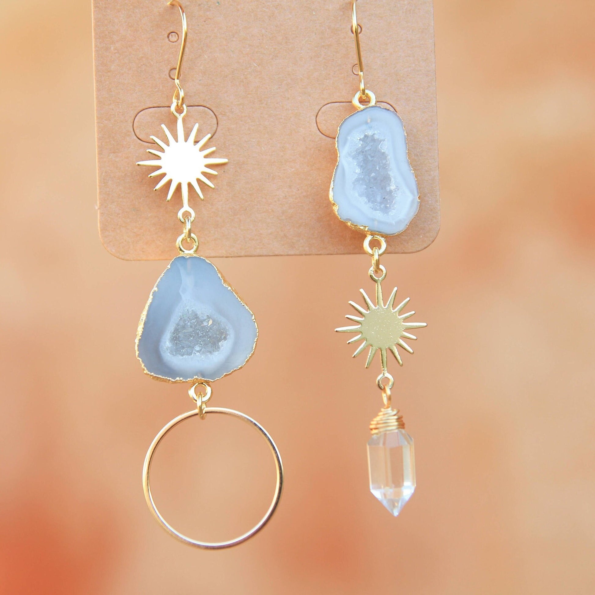 Natural Geode Gold Sun Earrings with Clear Quartz Crystal Point