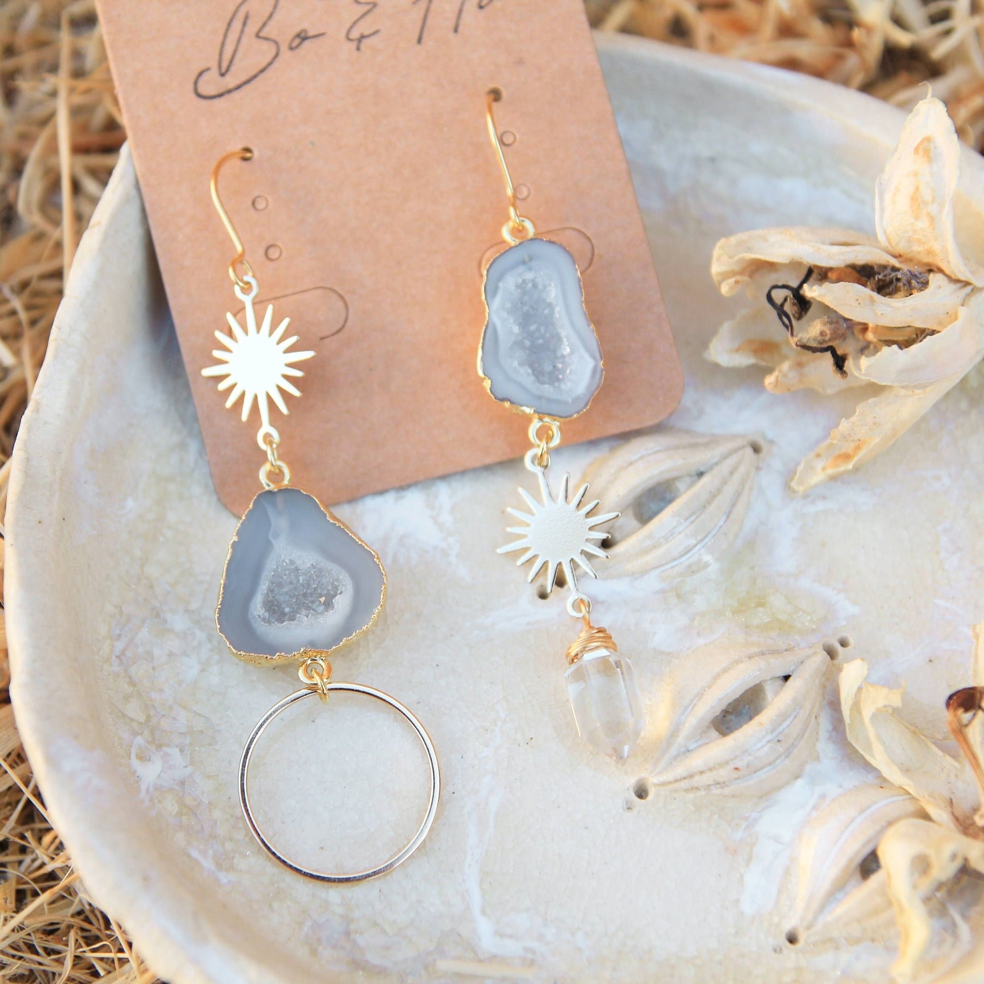 Natural Geode Gold Sun Earrings with Clear Quartz Crystal Point