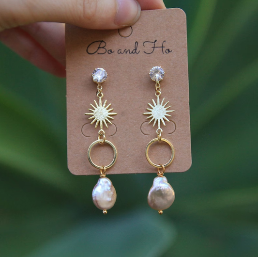 Gold Sun Earrings with Pink Pearl Drops